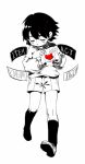  1other androgynous bangs closed_eyes closed_mouth english_text frisk_(undertale) full_body harrymiao heart heart_hands highres kneehighs long_sleeves monochrome shirt shoes short_hair shorts simple_background single_shoe socks solo spot_color sweater undertale 