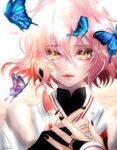  1boy absurdres blue_butterfly bug butterfly fingerless_gloves gloves hand_on_own_chest hanjin_(touken_ranbu) highres long_sleeves looking_at_viewer male_focus multicolored_hair nail_polish orange_hair parted_lips pink_hair short_hair solo touken_ranbu wavy_hair white_background yellow_eyes zasikirou 