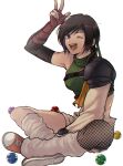  1girl arm_guards arm_up asymmetrical_legwear beckey9415 black_hair breasts brown_eyes cropped_shirt final_fantasy final_fantasy_vii final_fantasy_vii_remake fingerless_gloves fishnet_legwear fishnets full_body gloves green_shirt hair_between_eyes hand_on_lap headband leg_warmers lower_teeth materia medium_breasts midriff one_eye_closed open_mouth shirt shoes short_hair sitting sleeveless sleeveless_turtleneck smile sneakers solo teeth turtleneck upper_teeth v yuffie_kisaragi 