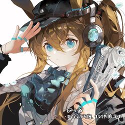  1girl amiya_(arknights) amiya_(newsgirl)_(arknights) arknights ascot baseball_cap black_headwear black_jacket blue_ascot blue_collar brown_hair collar ears_through_headwear hair_between_eyes hands_up hat headphones highres holding holding_newspaper jacket jewelry jidao_(z4585276) long_hair multiple_rings neck_ring newspaper official_alternate_costume ponytail ring sidelocks simple_background solo translation_request upper_body white_background 