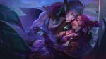  1boy 1girl abs absurdres bad_source biceps black_nails blurry blurry_background cape corruption couple facial_hair field flower flower_field gem grass green_hair hand_on_another&#039;s_face highres holding holding_hands league_of_legends looking_at_another lying muscular muscular_male night night_sky on_back outdoors park pectoral_cleavage pectorals pink_eyes pointy_ears purple_hair rakan_(league_of_legends) ribbon scar skirt sky smile star_guardian_(league_of_legends) star_guardian_rakan star_guardian_xayah stootato_(crownsforkings) stubble tears xayah yellow_eyes 