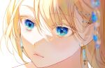  1girl blonde_hair blue_eyes blue_gemstone blurry blurry_foreground close-up closed_mouth commentary depth_of_field earrings english_commentary gem glint jewelry lips moon_so_00 original portrait solo 