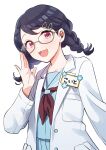  1girl adjusting_eyewear artist_request black_hair braid commentary_request fangs fukumaru_koito glasses hair_ornament hairclip highres idolmaster idolmaster_shiny_colors labcoat long_hair long_sleeves looking_at_viewer low_twin_braids open_mouth school_uniform serafuku skin_fangs solo twin_braids twintails upper_body violet_eyes white_background 
