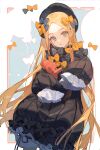  1girl :| abigail_williams_(fate) absurdres balloon bangs black_bow black_dress black_headwear blonde_hair bloomers blue_eyes bow child ciloranko closed_mouth commentary_request dress expressionless fate/grand_order fate_(series) forehead hair_bow hat highres long_hair long_sleeves looking_at_viewer multiple_bows multiple_hair_bows orange_bow parted_bangs polka_dot polka_dot_bow purple_bow sleeves_past_fingers sleeves_past_wrists solo stuffed_animal stuffed_toy teddy_bear underwear upper_body very_long_hair white_bloomers 
