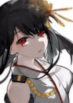  1girl black_hair blurry commentary_request depth_of_field epaulettes fusou_(kancolle) hair_ornament highres kantai_collection long_hair looking_at_viewer neko_(ganecooo) parted_lips red_eyes simple_background solo white_background 