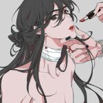  1boy bandaged_neck bandages black_hair black_nails collarbone cosmetics earrings highres jewelry lipstick_tube long_hair looking_at_viewer male_focus red_lips shiyangtacit solo tian_guan_ci_fu xie_lian 
