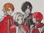  2boys 2girls black_hair blush cape closed_mouth dress edelgard_von_hresvelg ferdinand_von_aegir fire_emblem fire_emblem:_three_houses fire_emblem_warriors:_three_hopes gloves hair_ornament hair_over_one_eye hair_ribbon hubert_von_vestra long_hair long_sleeves monica_von_ochs multiple_boys multiple_girls official_alternate_hairstyle orange_hair red_eyes redhead ribbon sanya_(artist) short_hair simple_background smile upper_body violet_eyes white_hair 