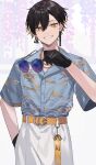  1boy alternate_costume asymmetrical_earrings belt_buckle black_gloves black_hair blonde_hair blue_shirt buckle chain_necklace cloud_print cowboy_shot dress_shirt earrings fangs flower gloves grin hair_behind_ear hair_between_eyes hand_in_pocket highres holding holding_eyewear holostars jewelry looking_at_viewer male_focus multicolored_hair necklace pants seigaiha shirt short_hair short_sleeves shugao silhouette smile solo sunglasses talisman tinted_eyewear triangle_earrings two-tone_hair virtual_youtuber white_background white_pants wisteria yatogami_fuma yellow_belt yellow_eyes 