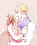  1boy 1girl aerith_gainsborough arms_around_waist bangle bangs bare_arms belt blonde_hair blue_shirt bracelet braid braided_ponytail breasts brown_hair choker closed_eyes cloud_strife couple dress earrings final_fantasy final_fantasy_vii hair_between_eyes hair_ribbon hand_on_another&#039;s_arm hand_on_another&#039;s_chest highres jacket jacket_removed jewelry long_hair medium_breasts muscular muscular_male open_mouth parted_bangs pink_dress ribbon shirt short_hair sidelocks single_earring sleeveless sleeveless_dress sleeveless_turtleneck smile spiky_hair teeth turtleneck upper_body upper_teeth wavy_hair yco_030601 