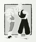  1boy 1girl age_difference artist_request bare_shoulders boots breasts crop_top dougi dragon_ball dragon_ball_super earrings eye_contact full_body gloves greyscale height_difference highres jewelry kefla_(dragon_ball) looking_at_another monochrome muscular muscular_female potara_earrings sash simple_background spiky_hair standing super_saiyan vegetto xdaze 