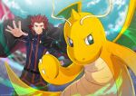  1boy belt black_belt black_cape black_eyes blue_jacket blue_pants blurry cape claws clouds commentary_request day dragonite highres imasara_maki jacket lance_(pokemon) male_focus outstretched_hand pants pokemon pokemon_(anime) pokemon_(creature) pokemon_journeys redhead short_hair sky smile spiky_hair stadium striped vertical_stripes 
