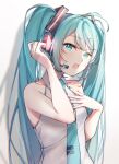  1girl absurdres aqua_eyes aqua_hair aqua_necktie bangs commentary_request drawing_kanon grey_shirt hatsune_miku headphones highres long_hair looking_at_viewer necktie open_mouth shadow shirt simple_background sleeveless sleeveless_shirt solo twintails upper_body very_long_hair vocaloid white_background 