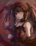  1girl bangs black_choker black_hair black_sleeves choker clock_eyes collarbone date_a_live detached_sleeves dress floating_hair gothic_lolita hairband heterochromia highres kalianabokalisi lolita_fashion lolita_hairband long_hair looking_at_viewer open_mouth red_dress red_eyes red_ribbon ribbon sleeveless sleeveless_dress sleeves_past_wrists solo spaghetti_strap symbol-shaped_pupils tokisaki_kurumi twintails very_long_hair yellow_eyes 