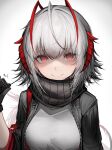  1girl absurdres ahoge arknights black_scarf closed_mouth demon_horns detonator gradient gradient_background grey_background highres holding horns long_hair looking_at_viewer red_eyes red_horns scarf smile solo tab_head upper_body w_(arknights) white_hair 