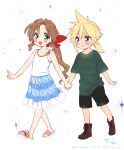  1boy 1girl aerith_gainsborough alternate_costume bangs bare_arms black_short blonde_hair blue_eyes blue_skirt blush boots brown_hair cloud_strife fang female_child final_fantasy final_fantasy_vii flat_chest green_eyes green_shirt hair_between_eyes hair_ribbon holding_hands krudears low_ponytail male_child open_mouth parted_bangs pointing ponytail red_ribbon ribbon sandals shirt sidelocks skirt smile spiky_hair t-shirt thick_eyebrows wavy_hair wavy_mouth white_background white_shirt younger 