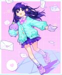  1girl aubrey_(omori) bow bright_pupils collared_shirt envelope hair_behind_ear heart holding holding_envelope looking_to_the_side omori purple_bow purple_footwear purple_hair purple_skirt shionty shirt shoes skirt smile sneakers solo speech_bubble violet_eyes white_pupils white_shirt 