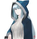  bangs blue_eyes blue_lips fate/grand_order fate_(series) highres hood hoodie moedredd morgan_le_fay_(fate) signature simple_background solo upper_body white_background white_hair 