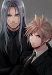  2boys alternate_costume aqua_eyes bangs beckey9415 black_gloves black_jacket black_shirt black_suit blonde_hair cloud_strife earrings final_fantasy final_fantasy_vii final_fantasy_vii_remake formal gloves green_eyes green_hair grey_background hand_on_another&#039;s_shoulder highres jacket jewelry long_hair looking_at_viewer male_focus multiple_boys necktie parted_bangs sephiroth shirt short_hair single_earring smile spiky_hair suit upper_body white_shirt 