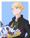 1boy artist_name black_jacket black_sleeves blonde_hair blue_background blue_eyes border closed_mouth collarbone digimon digimon_(creature) digimon_adventure dog_tags english_commentary furry furry_male gabumon green_shirt highres horns ishida_yamato jacket jaime_(jai_spt) long_sleeves looking_at_viewer male_focus open_mouth pointy_nose red_eyes shadow sharp_teeth shirt short_hair simple_background single_horn smile solo spiky_hair teeth upper_body v-shaped_eyebrows white_border