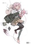  1girl :o absurdres backpack bag bangs black_thighhighs blunt_bangs blurry brown_skirt cable chinese_commentary collared_shirt commentary_request danganronpa_(series) danganronpa_2:_goodbye_despair depth_of_field flying_sweatdrops from_side full_body game_console green_jacket handheld_game_console highres holding holding_handheld_game_console jacket jacket_partially_removed leg_up long_sleeves looking_at_viewer malattia mary_janes monomi_(danganronpa) nanami_chiaki neck_ribbon nintendo_ds open_mouth pink_eyes pink_footwear pink_hair pink_ribbon ribbon shirt shoes short_hair simple_background skirt solo standing standing_on_one_leg thigh-highs white_background white_shirt 