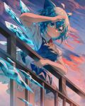  1girl blue_dress blue_hair cirno clouds collared_dress dress fairy_wings fence hair_ribbon highres ribbon scenery short_hair short_sleeves thighs touhou wings 