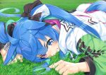  1girl animal_ears black_ribbon blue_eyes blue_hair clenched_teeth commentary_request day drawstring grass hair_ribbon heterochromia horse_ears horse_girl horse_tail jacket long_hair long_sleeves lying miri_(ago550421) multicolored_hair on_grass on_stomach outdoors puffy_long_sleeves puffy_sleeves revision ribbon sharp_teeth solo sweat tail tearing_up tears teeth twin_turbo_(umamusume) twintails two-tone_hair umamusume very_long_hair violet_eyes white_jacket 