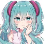  1girl blue_eyes blue_hair blue_nails blush closed_mouth hatsune_miku headset highres holding holding_hair long_hair microphone myb_e2 nail_polish portrait shiny shiny_hair simple_background smile solo twintails vocaloid white_background 