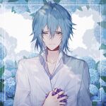  1boy 982466932 bishounen blue_eyes blue_hair blurry crying crying_with_eyes_open depth_of_field flower hydrangea idolish_7 looking_at_viewer male_focus rain shirt short_hair solo tears upper_body wet wet_clothes white_shirt yotsuba_tamaki 