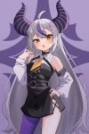 1girl absurdres bakedmonogamy black_dress black_thighhighs demon_girl demon_horns demon_tail detached_sleeves dress hand_on_hip highres hololive horns la+_darknesss long_hair looking_at_viewer multicolored_hair pointy_ears purple_hair single_thighhigh solo streaked_hair tail thigh-highs virtual_youtuber white_hair white_sleeves yellow_eyes 