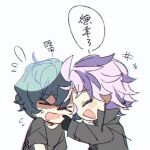  &gt;_&lt; 2boys black_gloves black_shirt black_sweater blue_hair cheek_poking chibi chinese_commentary chinese_text chromatic_aberration closed_eyes commentary_request earrings film_grain gloves jacket jewelry long_sleeves male_focus meebo multiple_boys open_clothes open_jacket open_mouth pink_hair poking purple_hair saibou_shinkyoku shirt short_hair short_sleeves simple_background sketch smile sweat sweater t-shirt teeth theodore_riddle translation_request turtleneck turtleneck_sweater two-tone_background upper_teeth utsugi_noriyuki white_background 
