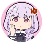  1girl :o assault_lily bangs black_ribbon blunt_bangs blush braid chibi circle commentary_request cropped_jacket hand_up hitotsuyanagi_yuri juliet_sleeves long_hair long_sleeves looking_at_viewer low_twin_braids low_twintails lowres masaki_itsuki middle_w neck_ribbon no_pupils parted_lips pink_background pink_eyes portrait puffy_sleeves purple_hair ribbon round_image school_uniform sign_language simple_background solo translated transparent_background twin_braids twintails w yurigaoka_girls_academy_school_uniform 