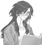  1boy alternate_costume book constantine_xi_(fate) earrings eyewear_strap fate/grand_order fate_(series) glasses greyscale hair_between_eyes holding holding_book huzishiro jacket jewelry light_smile long_hair looking_at_viewer male_focus monochrome open_book round_eyewear shirt simple_background solo upper_body white_background 