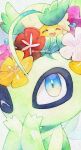  blue_eyes celebi closed_eyes closed_mouth comfey commentary_request hands_up highres looking_up on_head one_eye_closed open_mouth pokemon pokemon_(creature) pokemon_on_head smile tongue white_background yamanashi_taiki 