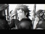  armor bangs black_hair blue_eyes crisis_core_final_fantasy_vii earrings final_fantasy final_fantasy_vii greyscale grin helmet jewelry ko102k1 letterboxed looking_at_viewer male_focus medium_hair monochrome multiple_boys parted_bangs shoulder_armor single_earring smile spiky_hair spot_color sword teeth weapon weapon_on_back white_background younger zack_fair 