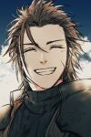  1boy armor black_hair blue_sky close-up closed_eyes clouds cloudy_sky crisis_core_final_fantasy_vii final_fantasy final_fantasy_vii final_fantasy_vii_remake grin highres maiii_(smaii_i) scar scar_on_cheek scar_on_face shoulder_armor sky smile solo spiky_hair sweater turtleneck turtleneck_sweater zack_fair 