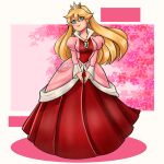  1girl blonde_hair blue_eyes dress earrings full_body jewelry long_hair own_hands_together pink_dress pink_lips princess_peach reihearth smile solo super_mario_bros. super_mario_bros._1 
