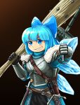  1girl armor bearer_of_the_curse blue_eyes blue_hair bow breastplate cirno club_(weapon) dark_souls_(series) dark_souls_ii gauntlets greatsword highres holstered_weapon knife looking_at_viewer okema scarf short_hair smile solo throwing_knife thumbs_down touhou weapon wings 