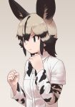  1girl african_wild_dog_(kemono_friends) african_wild_dog_print animal_ears blonde_hair blue_necktie brown_hair clenched_hands collared_shirt dog_ears dog_girl extra_ears highres kemono_friends long_sleeves multicolored_hair necktie pose print_sleeves rumenia_(ao2is) shirt short_hair short_sleeves solo t-shirt upper_body white_shirt 