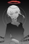  1girl chain chainsaw_man collarbone dark_halo drawing_alpaca eyelashes gradient gradient_background grey_background greyscale hair_between_eyes halo highres long_hair looking_at_viewer makima_(chainsaw_man) monochrome parted_lips ringed_eyes solo spot_color unfinished 