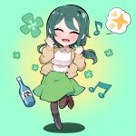  1girl :d alcohol beamed_eighth_notes black_pantyhose blush bottle breasts brown_jacket chibi clenched_hand closed_eyes clover_hair_ornament eighth_note facing_viewer gradient gradient_background green_background green_hair green_skirt hair_ornament highres indie_virtual_youtuber jacket large_breasts long_sleeves music musical_note pantyhose shirt simple_background singing skirt smile spoken_sparkle standing standing_on_one_leg sumi_suya sunaonakapipara tongue virtual_youtuber white_shirt 