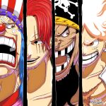  anger_vein beard black_hair buggy_the_clown clown clown_nose evil_smile facial_hair gear_fifth grin hat highres long_hair looking_at_another male_focus marshall_d._teach missing_teeth monkey_d._luffy multiple_boys one_piece open_clothes open_mouth pectorals redhead scar scar_across_eye scar_on_chest scar_on_face shanks shirt short_hair signature smile spoilers tacchan56110 tattoo veins white_hair 