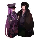  1boy 1girl alternate_costume black_hair fate_(series) femdom long_hair medusa_(fate) nekoyamiyako okada_izou_(fate) purple_hair red_eyes simple_background violet_eyes white_background 