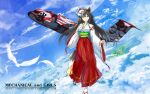  1girl aircraft airplane animal_ears bird black_hair blue_eyes breasts c-1 detached_sleeves fox_ears fox_girl fox_mask fox_tail hakama hakama_skirt highres japanese_clothes long_hair mask mask_on_head medium_breasts nontraditional_miko original red_hakama ribbon-trimmed_sleeves ribbon_trim skirt socks solo soranokakera01 tabi tail white_socks wide_sleeves zouri 