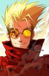  2boys blonde_hair classystaches closed_mouth clouds cloudy_sky cross earrings highres jewelry looking_at_another multicolored_sky multiple_boys nicholas_d._wolfwood reflection short_hair single_earring sky smile sunglasses trigun twitter_username vash_the_stampede 