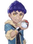  1boy black_shirt blue_jacket bracelet commentary_request dark-skinned_male dark_skin dynamax_band fur-trimmed_jacket fur_trim hand_up highres holding holding_poke_ball hop_(pokemon) jacket jewelry male_focus open_clothes open_jacket poke_ball poke_ball_(basic) pokemon pokemon_(game) pokemon_swsh purple_hair sankaku shirt short_hair simple_background sleeves_past_elbows solo twitter_username upper_body watermark white_background yellow_eyes 