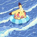  :3 afloat animal_focus black_eyes blank_eyes blue_background blush_stickers closed_mouth comfey commentary day english_commentary flower flower_on_head innertube julia_goodish lei no_humans ocean outdoors pikachu pink_flower pixel_art pokemon pokemon_(creature) solo_focus sparkle upper_body water white_flower yellow_flower 