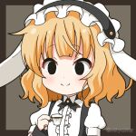  1girl animal_ears bangs black_background black_eyes black_hairband blonde_hair blush center_frills chibi closed_mouth coffee collared_shirt commentary_request cup empty_eyes fake_animal_ears floppy_ears frilled_hairband frills gochuumon_wa_usagi_desu_ka? grey_background hairband hand_up holding holding_cup kirima_syaro mitya puffy_short_sleeves puffy_sleeves rabbit_ears shirt short_sleeves smile solo twitter_username two-tone_background upper_body white_shirt 