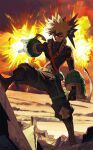  1boy angry bakugou_katsuki belt black_footwear black_gloves blonde_hair boku_no_hero_academia boots clenched_hand clenched_teeth costume explosion explosive eye_mask ghdwid gloves green_belt grenade highres looking_at_viewer male_focus multicolored_clothes multicolored_gloves open_hand open_mouth outdoors red_eyes red_gloves red_sky rubble sand sky solo spiky_hair stepping teeth two-tone_gloves 