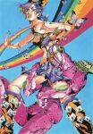  1girl araki_hirohiko artist_name blue_background braid bug butterfly double_bun hair_bun hand_up highres jojo_no_kimyou_na_bouken kujo_jolyne non-web_source official_art rainbow signature simple_background stand_(jojo) stone_free stone_ocean 