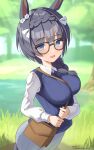  1girl :d animal_ears between_breasts black-framed_eyewear black_hair blue_eyes blurry blurry_background blush braid breasts collared_shirt commentary_request dated day depth_of_field dress_shirt glasses grey_skirt hair_over_shoulder highres hirota_fruit holding_strap horse_ears large_breasts long_hair long_sleeves outdoors shirt single_braid skirt smile solo strap_between_breasts sweater_vest tree twitter_username umamusume white_shirt zenno_rob_roy_(umamusume) 